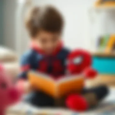 Reading with Plush Spider-Man A child reading a book with a plush Spider-Man by their side, illustrating the joy of learning.