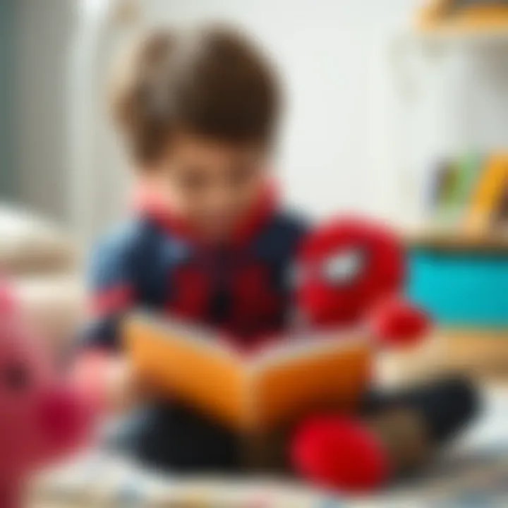 Reading with Plush Spider-Man A child reading a book with a plush Spider-Man by their side, illustrating the joy of learning.