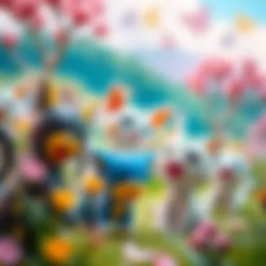 A colorful illustration of Pokemon Cat characters interacting in a vibrant landscape.