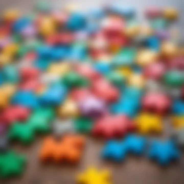 A Vibrant Display of Puzzle Pieces Colorful puzzle pieces scattered on a wooden table