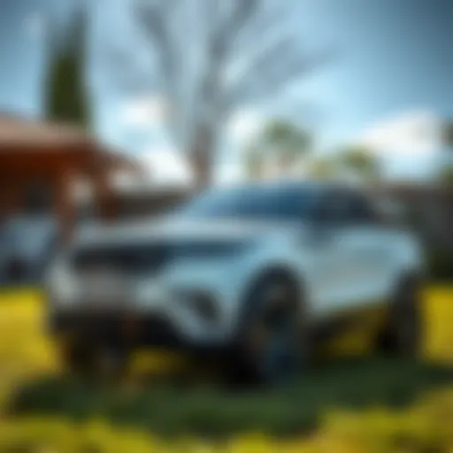 Luxurious Range Rover electric car for kids parked in a sunny backyard