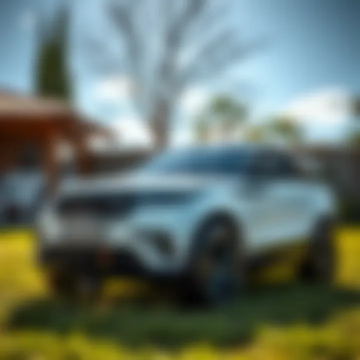 Luxurious Electric Adventure Luxurious Range Rover electric car for kids parked in a sunny backyard