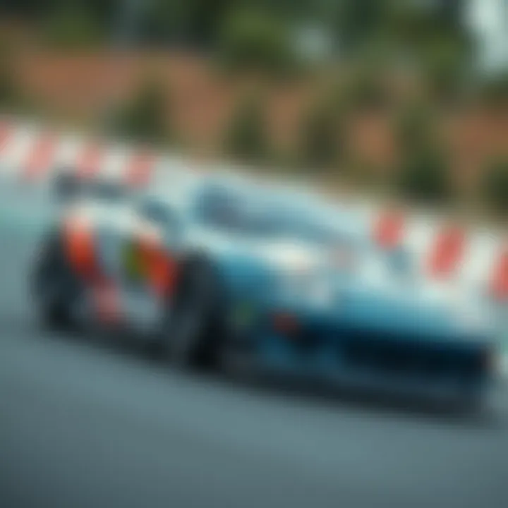 A close-up of an RC drift car in action