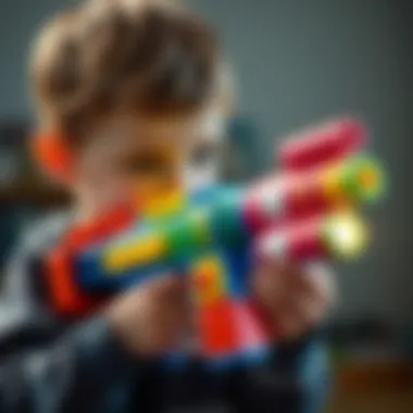 Child Engaged with Colorful Rocket Launcher A child playing with a colorful rocket launcher