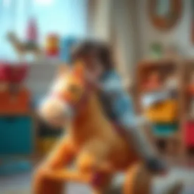 Child enjoying imaginative play on a plush rocking horse
