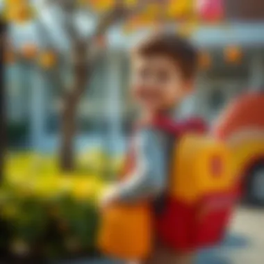 Child happily carrying a school backpack while walking to school