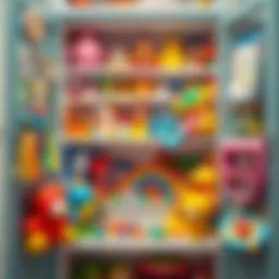 A colorful assortment of second-hand toys in a well-organized cabinet.