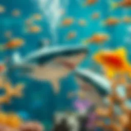A vibrant underwater scene showcasing playful sharks interacting with colorful fish