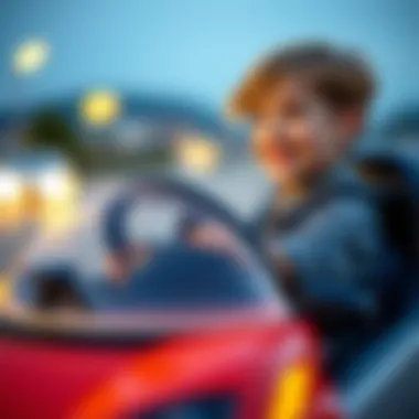 A child steering an electric car toy with a smile