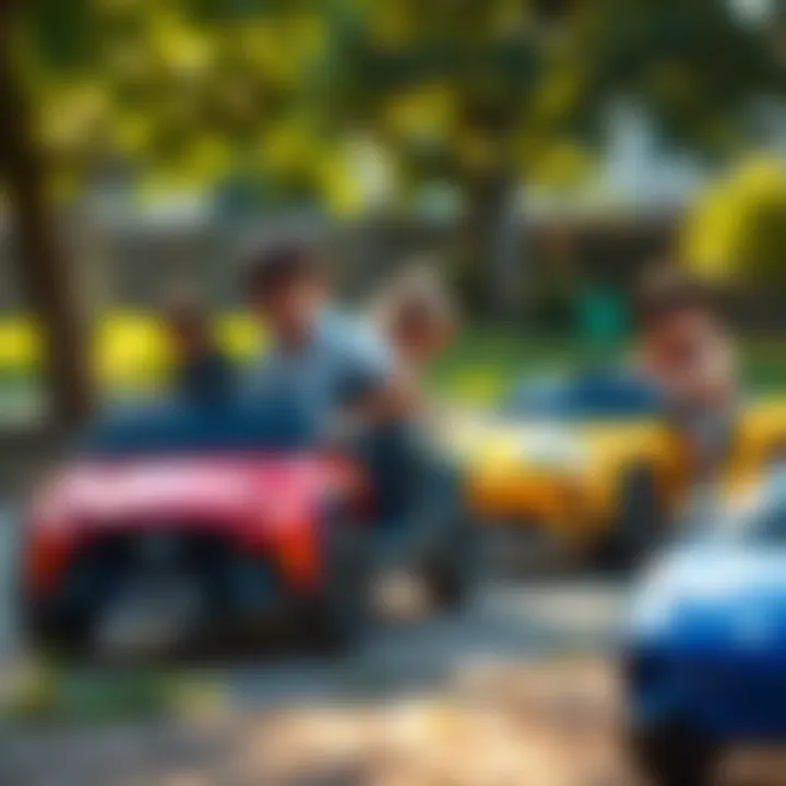 Children playing with electric cars in an outdoor setting