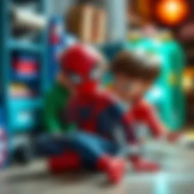 Children engaging in imaginative play with Spiderman merchandise