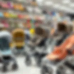 Various types of baby strollers displayed in a store