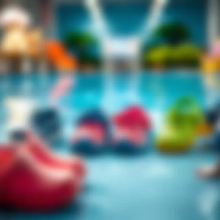 Various styles of children's pool footwear displayed