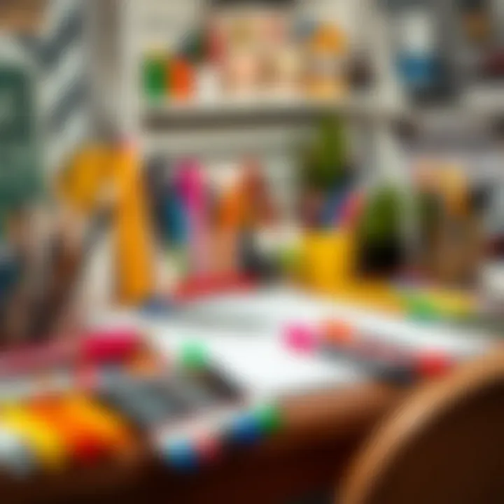 An organized workspace with various art supplies including water-based markers.