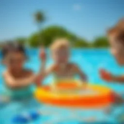 Children joyfully playing a ring toss game in a pool during summer.