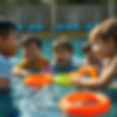 A group of children laughing and socializing while playing with rings in water.