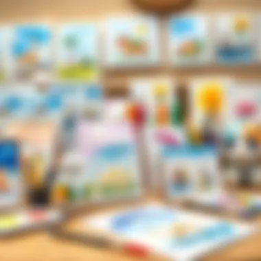 Various watercolor artworks displayed on a table