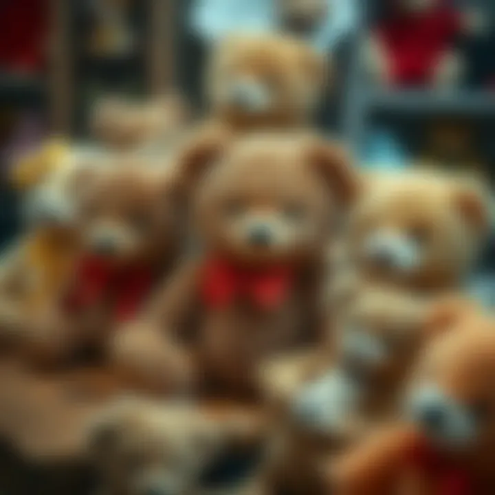 An attractive display of teddy bears designed for different age groups.