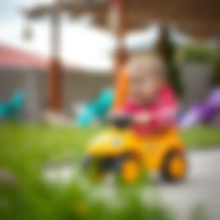 Safe Outdoor Play: The Joy of Push Cars A happy toddler playing with a push car in a safe outdoor environment.
