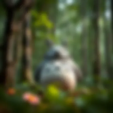 Artistic representation of Totoro in a serene forest setting