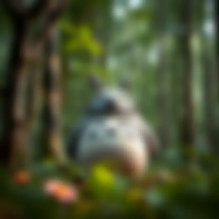 Artistic representation of Totoro in a serene forest setting