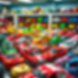 Colorful toy cars for children displayed in a store