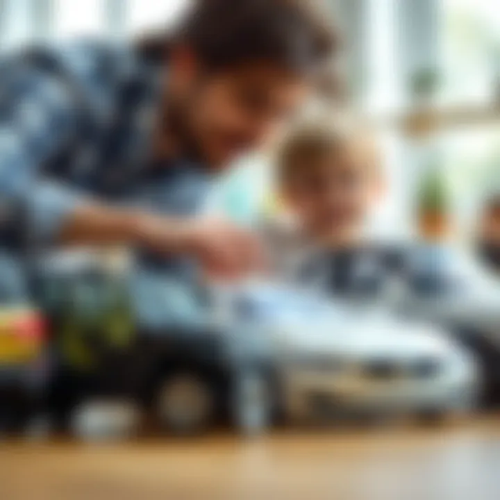 A parent assisting a child in choosing a toy BMW car