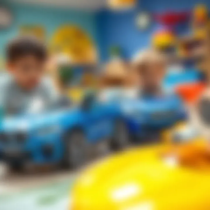 Children playing with toy BMW cars in a vibrant playroom
