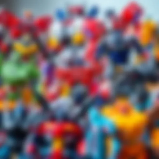A display of various Transformers action figures showcasing their intricate designs and vibrant colors.