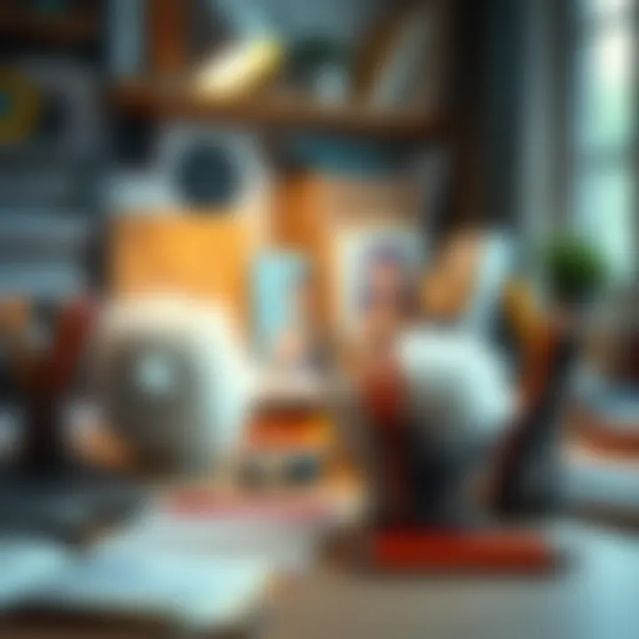 Inspiring Workspace with Fluffy Pencils A serene workspace featuring fluffy pencils alongside art supplies, creating an inspiring atmosphere.