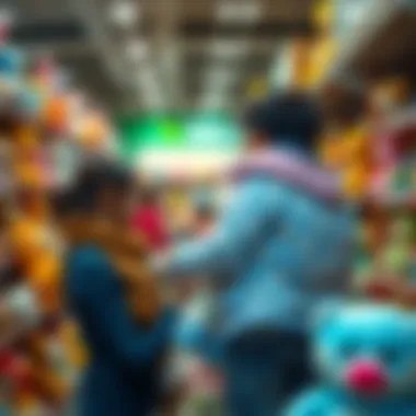 Parents selecting plush toys in a store, focusing on quality