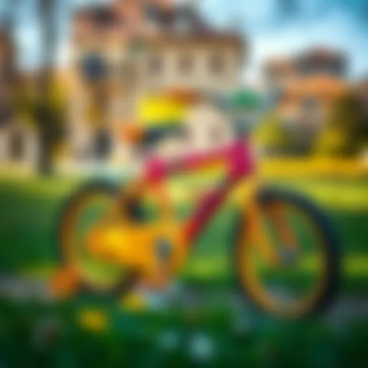 Colorful children's bicycle parked in a sunny park