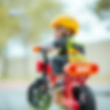 Child learning to ride a bicycle with safety gear