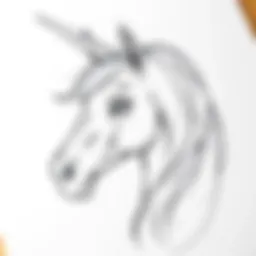 A detailed sketch of a unicorn head with flowing mane
