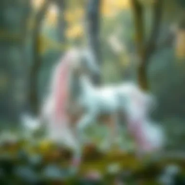 Majestic Unicorn in Enchanted Forest A majestic unicorn standing in a magical forest setting, surrounded by ethereal elements