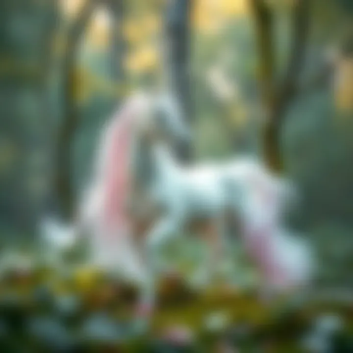 Majestic Unicorn in Enchanted Forest A majestic unicorn standing in a magical forest setting, surrounded by ethereal elements