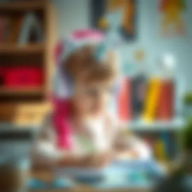 Child wearing unicorn headphones while studying