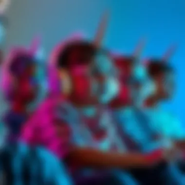 Group of children enjoying music with unicorn headphones