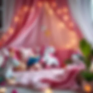 A cozy reading nook adorned with unicorn-themed cushions and blankets