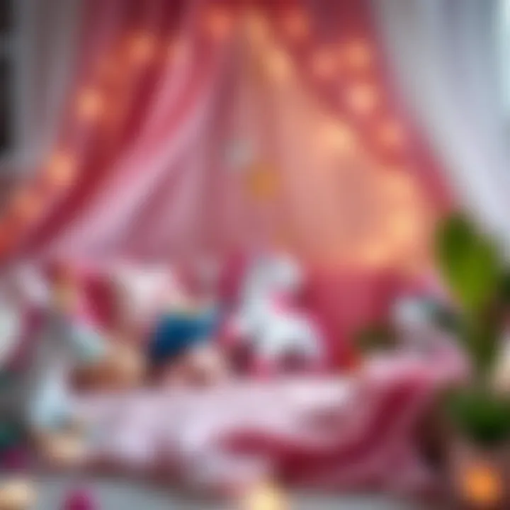 A cozy reading nook adorned with unicorn-themed cushions and blankets