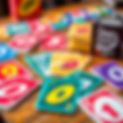 Colorful Uno cards laid out on a table