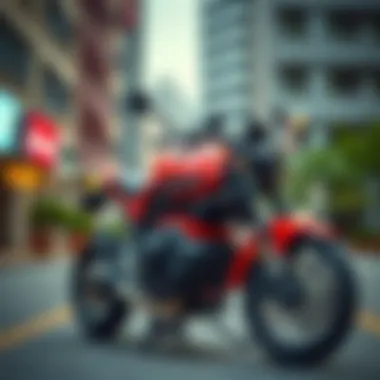 Red BMW Motorcycle in Urban Environment Stylish red BMW electric motorcycle in urban setting