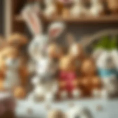 Different design features of plush rabbits displayed creatively