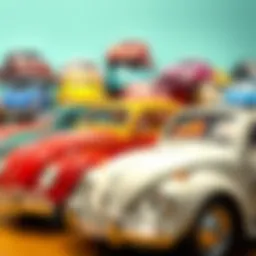 A colorful collection of Volkswagen toy cars arranged creatively