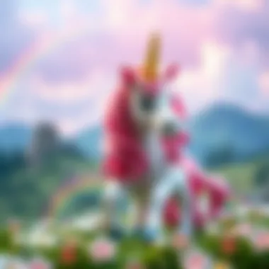 A whimsical unicorn surrounded by magical landscapes and rainbows
