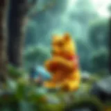 Winnie the Pooh enjoying honey in a serene forest