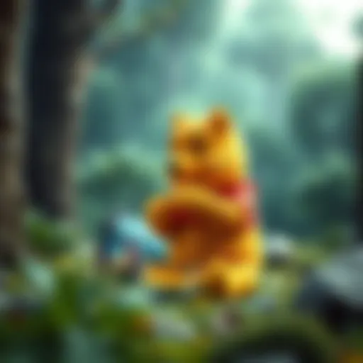 Winnie the Pooh enjoying honey in a serene forest