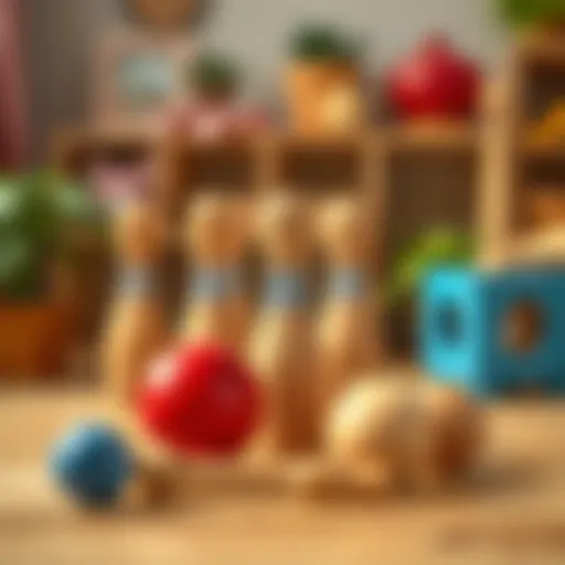 Wooden bowling set arranged for play